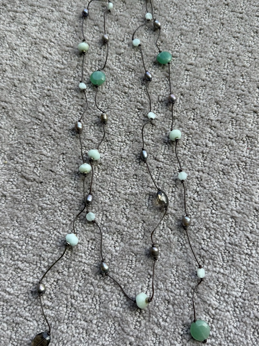 Long Mint Bead & Pearl Strand Lariat Necklace
